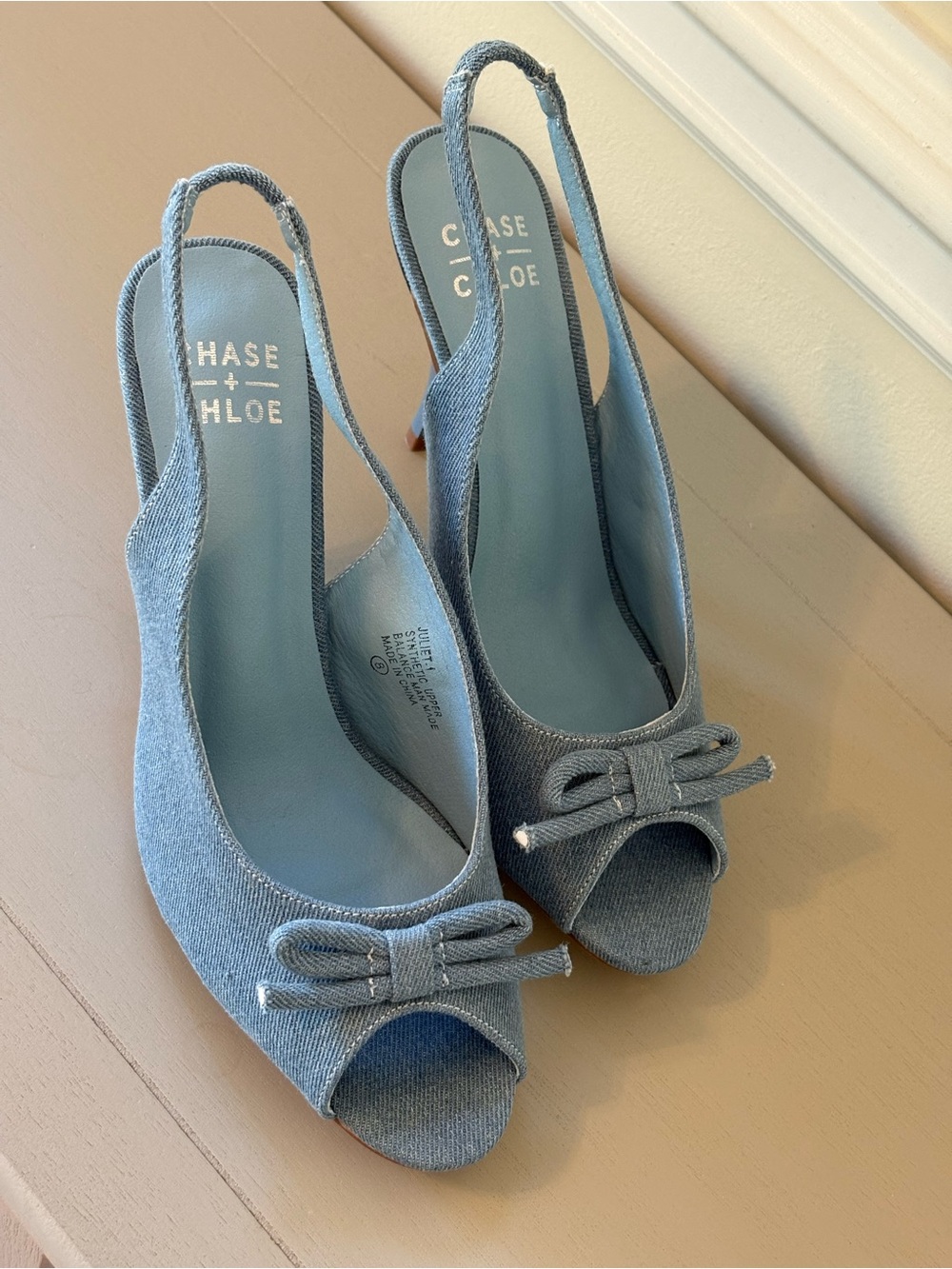 Chase + Chloe Light Blue Denim Slingback Peep Toe Heels with Bow